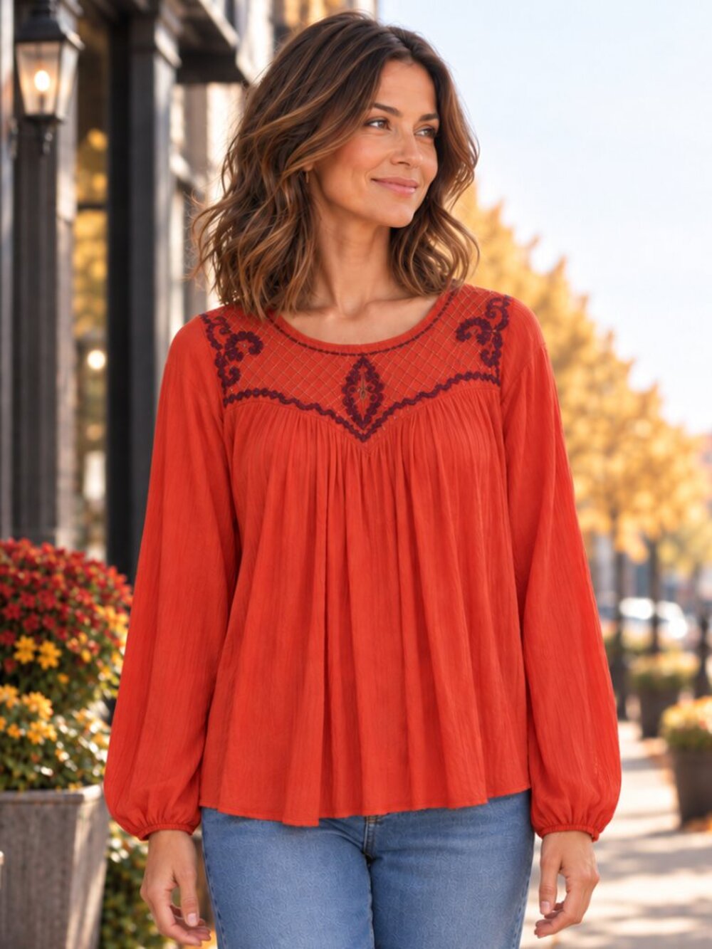 Free People Red Boho Peasant Begonia Blouse Embroidered Long Sleeve Top Size M